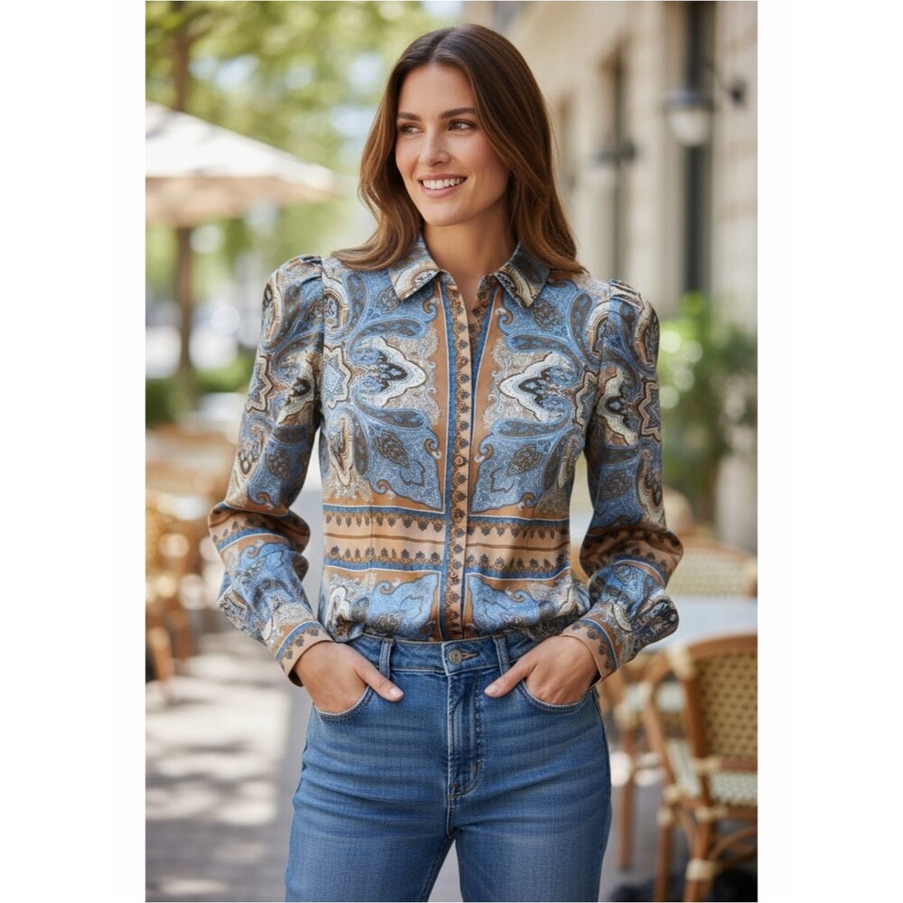 JOIE NWT Satin Printed Long Sleeve Puff Shoulder Button Down Blouse